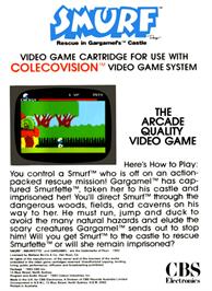 Box back cover for Smurf: Rescue in Gargamel's Castle on the Coleco Vision.