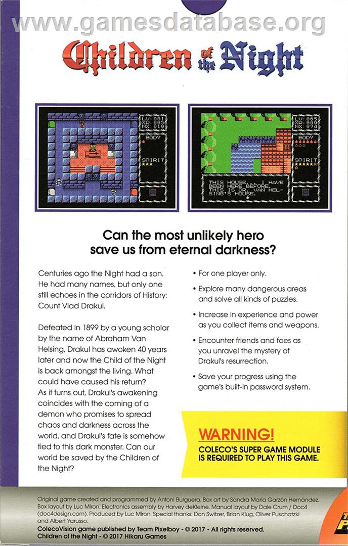 Children Of The Night - Coleco Vision - Artwork - Box Back