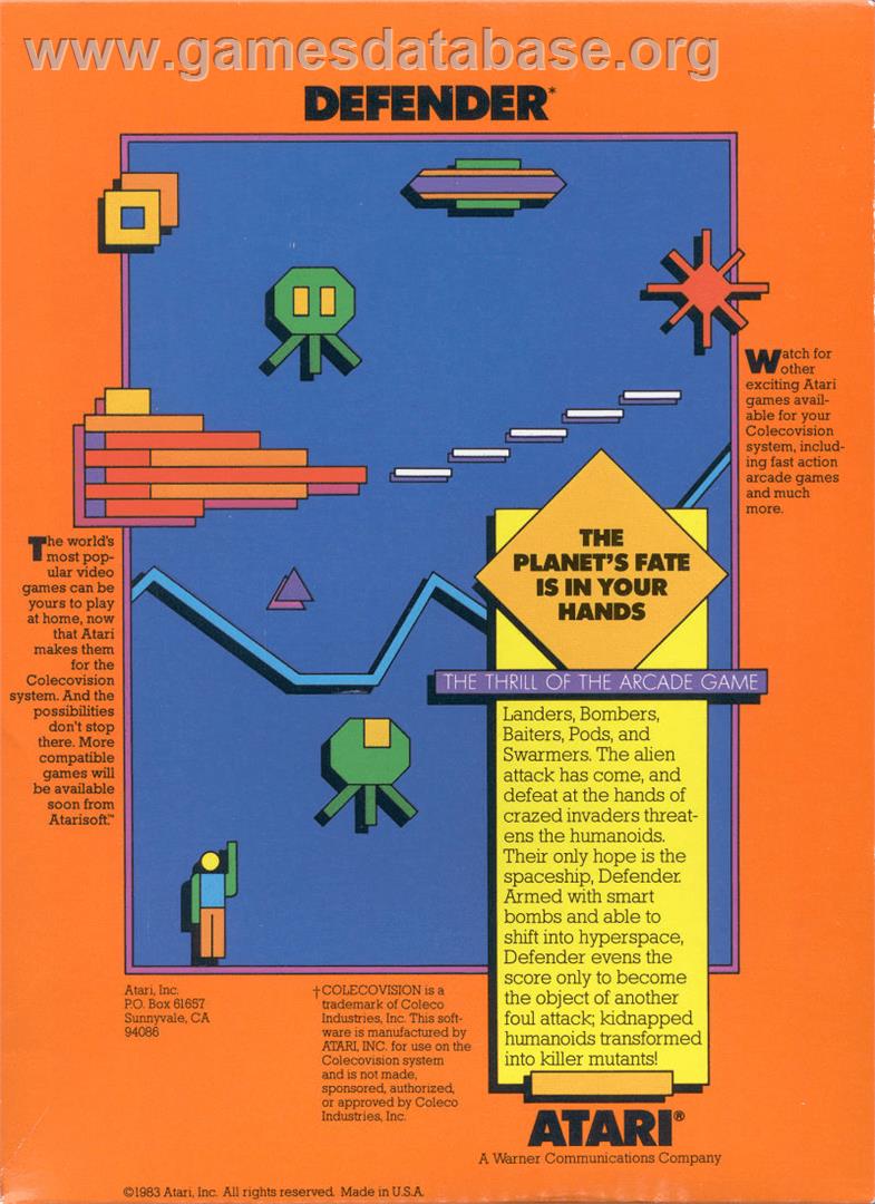 Defender - Coleco Vision - Artwork - Box Back