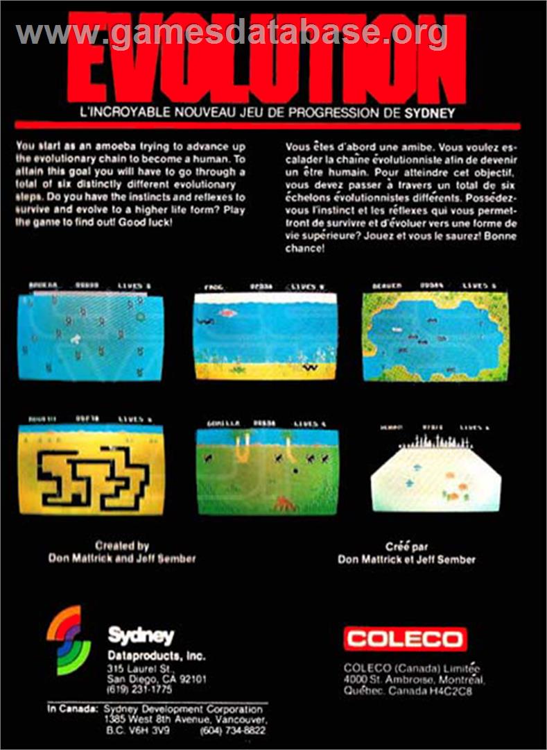 Evolution - Coleco Vision - Artwork - Box Back