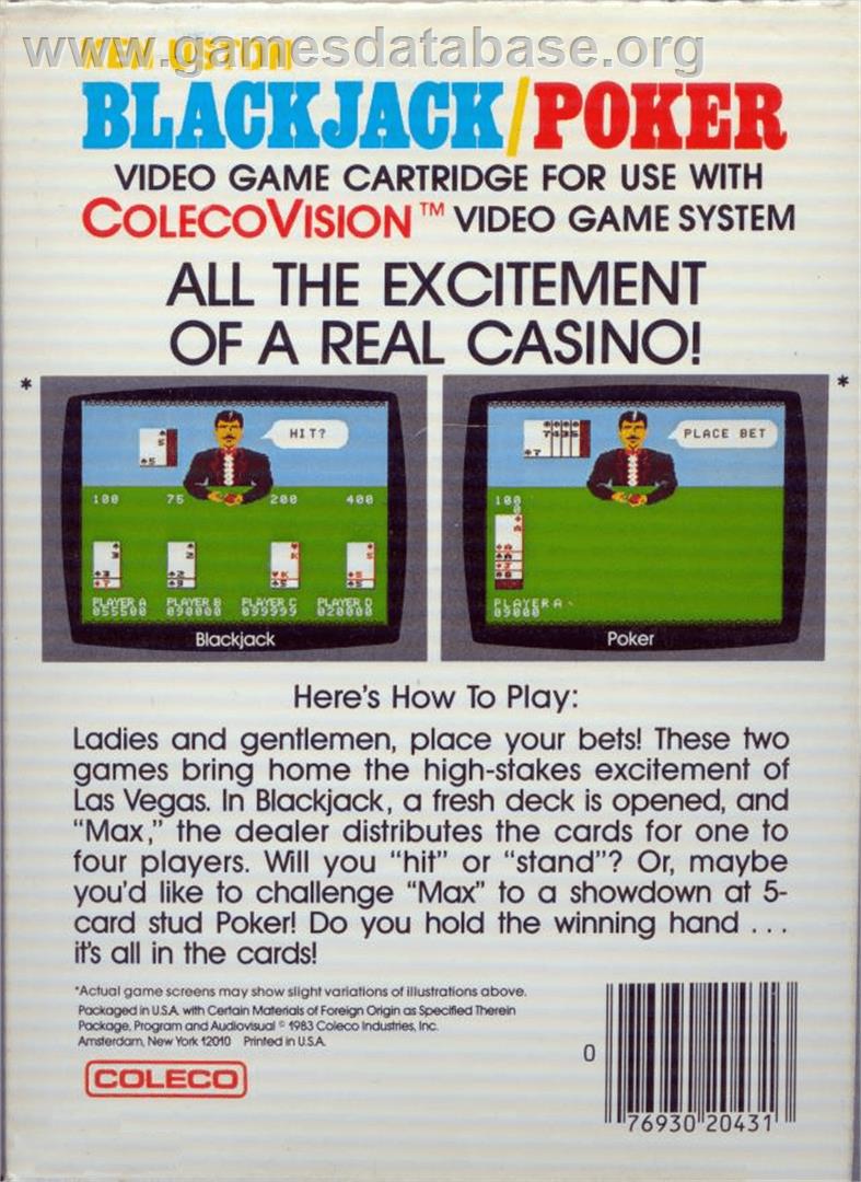 Ken Uston Blackjack/poker - Coleco Vision - Artwork - Box Back