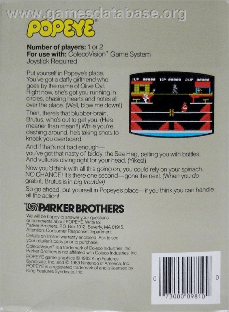 Popeye - Coleco Vision - Artwork - Box Back