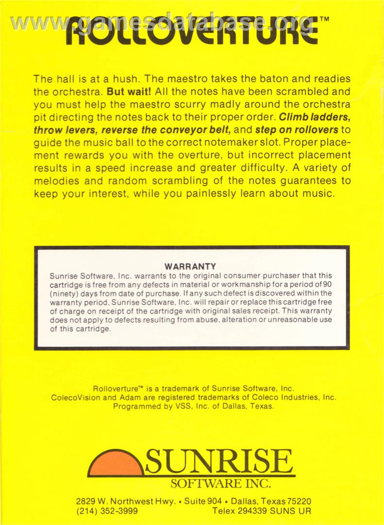 Rolloverture - Coleco Vision - Artwork - Box Back