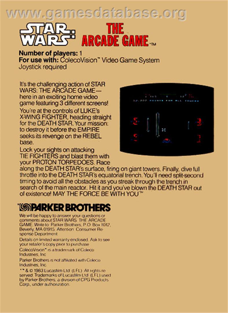 Star Wars Arcade - Coleco Vision - Artwork - Box Back