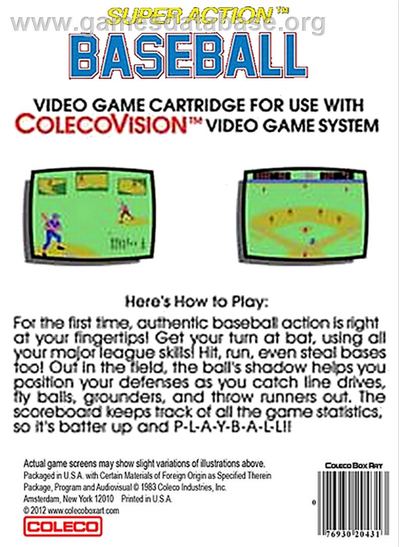 Super Action Baseball - Coleco Vision - Artwork - Box Back