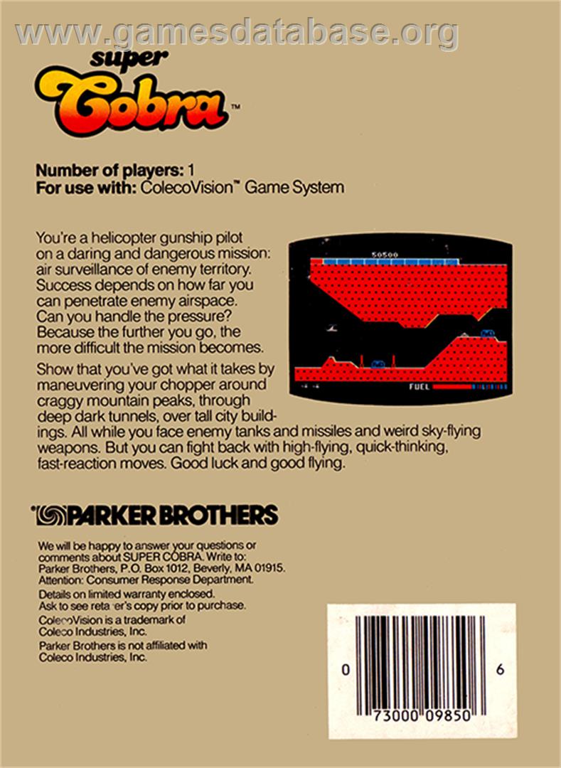 Super Cobra - Coleco Vision - Artwork - Box Back