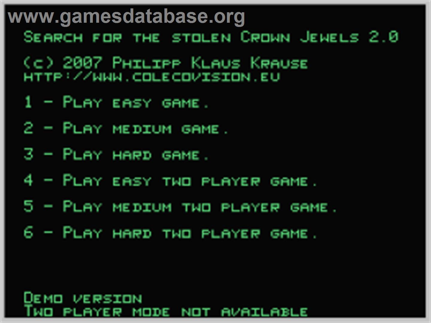 Search for the Stolen Crown Jewels 2 (Demo) - Coleco Vision - Artwork - Title Screen