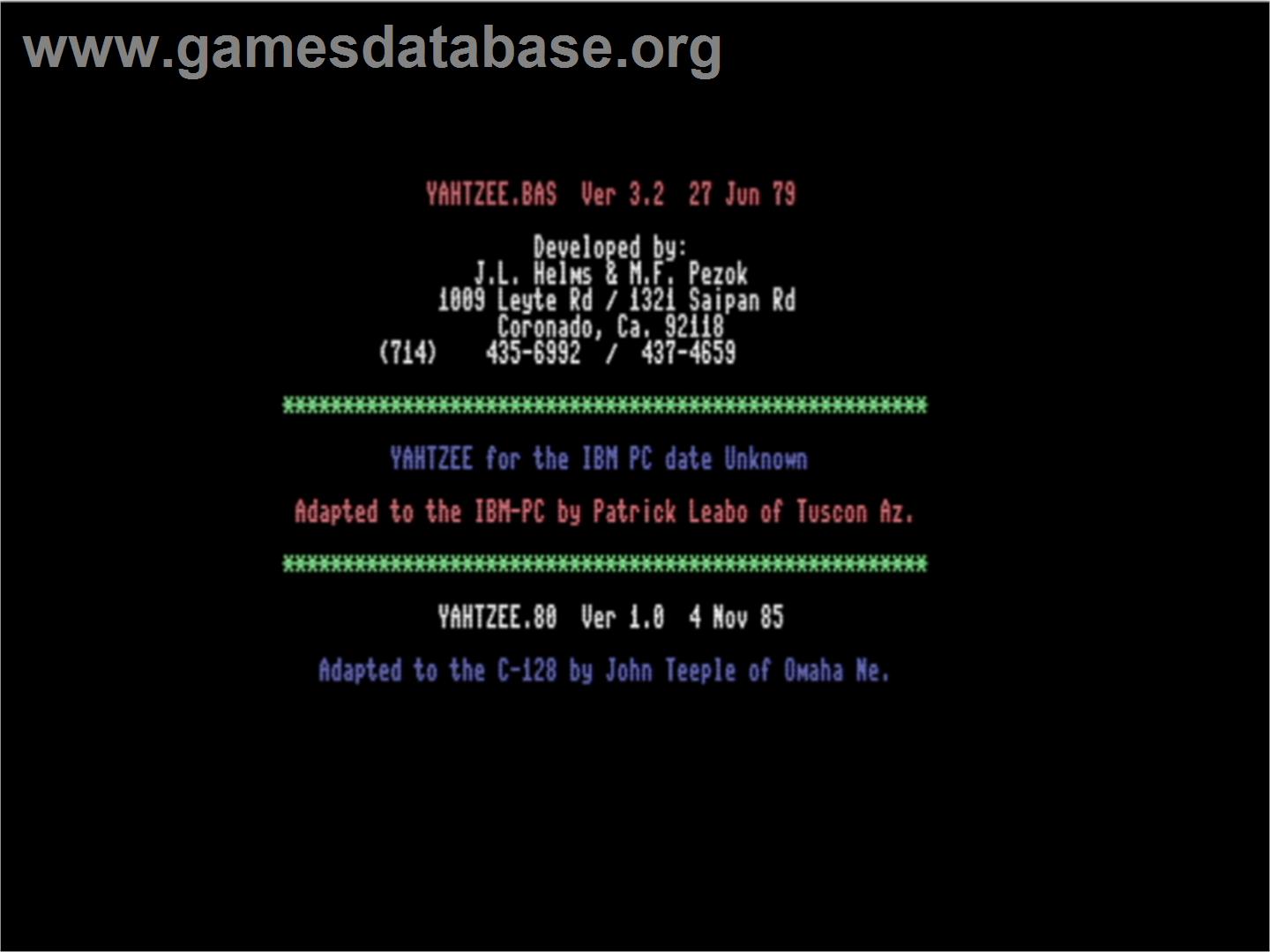 Yahtzee - Commodore 128 - Artwork - Title Screen