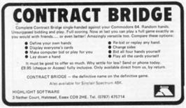 Advert for Contract Bridge (Highlight Software) on the Commodore 64.