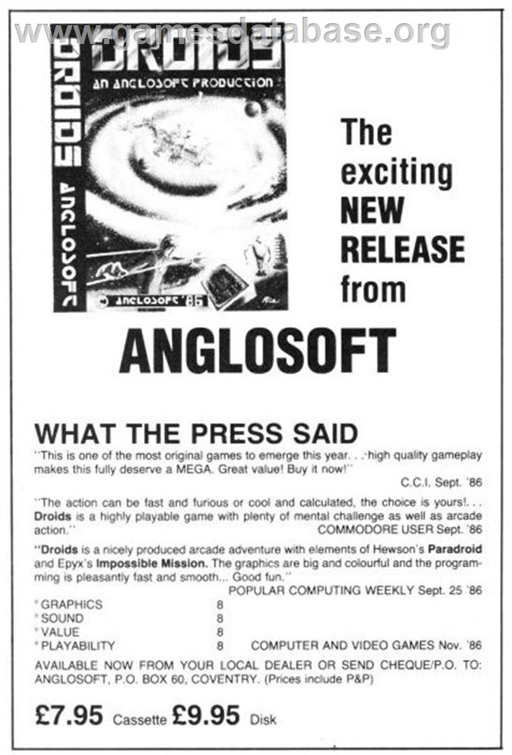 Droids (Anglosoft) - Commodore 64 - Artwork - Advert