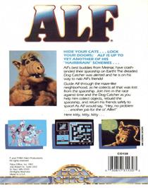 Box back cover for ALF: The First Adventure on the Commodore 64.