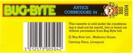 Box back cover for Antics (Bug-Byte) on the Commodore 64.