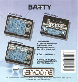 Box back cover for Batty on the Commodore 64.