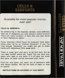 Box back cover for Cells And Serpents on the Commodore 64.