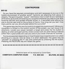 Box back cover for Centropods on the Commodore 64.