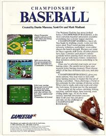 Box back cover for Championship Baseball on the Commodore 64.