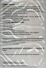 Box back cover for Chimp Chaos on the Commodore 64.