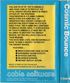 Box back cover for Cosmic Bounce on the Commodore 64.