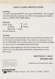 Box back cover for Crazy Kong on the Commodore 64.