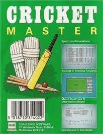 Box back cover for Cricket Master on the Commodore 64.