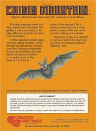 Box back cover for Crisis Mountain on the Commodore 64.