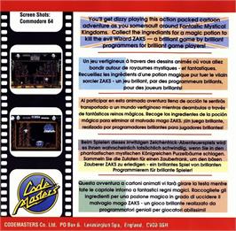 Box back cover for Dizzy: The Ultimate Cartoon Adventure on the Commodore 64.
