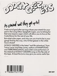 Box back cover for Dodgy Geezers on the Commodore 64.