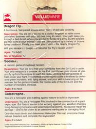 Box back cover for Dragon-fly on the Commodore 64.