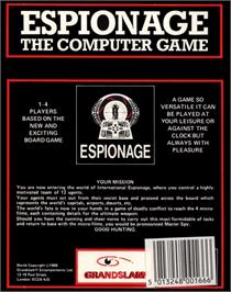 Box back cover for Espionage on the Commodore 64.