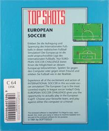 Box back cover for European Soccer Challenge on the Commodore 64.