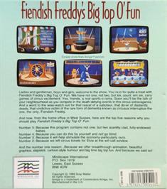 Box back cover for Fiendish Freddy's Big Top O' Fun on the Commodore 64.