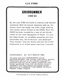 Box back cover for Gridrunner on the Commodore 64.