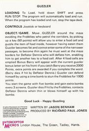 Box back cover for Guzzler on the Commodore 64.