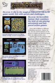 Box back cover for Hillsfar on the Commodore 64.