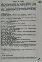 Box back cover for House Of Usher on the Commodore 64.