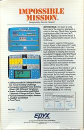 Box back cover for Impossible Mission on the Commodore 64.