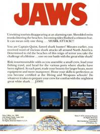 Box back cover for Jaws on the Commodore 64.