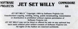 Box back cover for Jet Set Willy on the Commodore 64.
