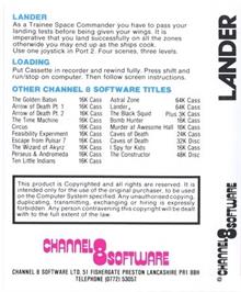 Box back cover for Lander (Channel 8 Software) on the Commodore 64.
