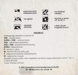 Box back cover for Madrax on the Commodore 64.