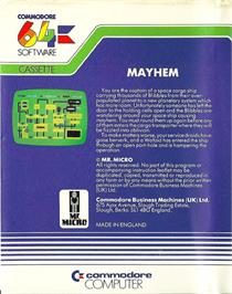 Box back cover for Mayhem (Champion Software) on the Commodore 64.