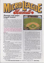 Box back cover for MicroLeague Baseball on the Commodore 64.