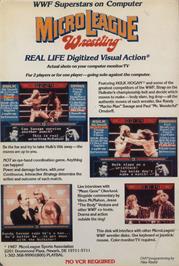 Box back cover for MicroLeague Wrestling on the Commodore 64.
