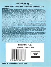 Box back cover for Mission A.d. on the Commodore 64.