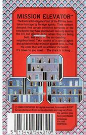 Box back cover for Mission Elevator on the Commodore 64.