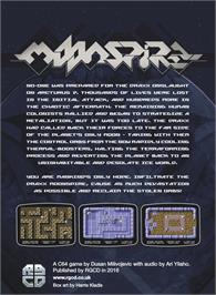 Box back cover for Moonspire on the Commodore 64.