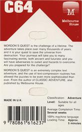 Box back cover for Mordon's Quest on the Commodore 64.