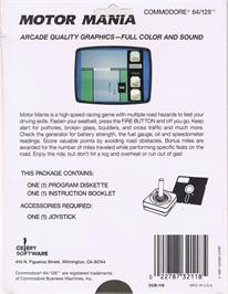 Box back cover for Motor Mania on the Commodore 64.