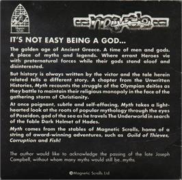 Box back cover for Myth (Magnetic Scrolls) on the Commodore 64.
