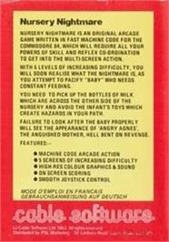 Box back cover for Nursery Nightmare on the Commodore 64.